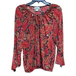Carol Rose Shirt Women 2X Black Red Paisley Boho Floral Bell Sleeve Blouse USA
